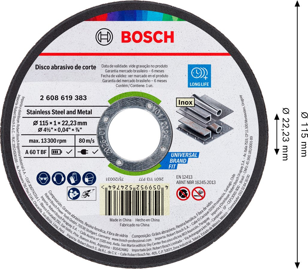 Bosch Disco para metal/inoxidable 4-1/2" x 1,0 mm liso 2608619383