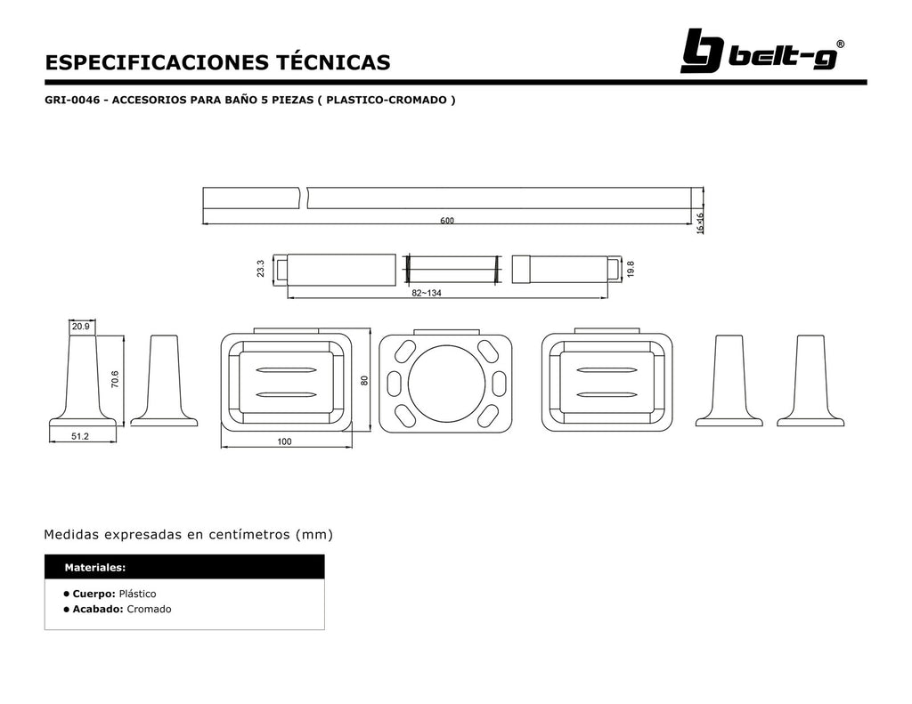 Belt-G Accesorio para baño 5 piezas plástico cromado GRI-0046