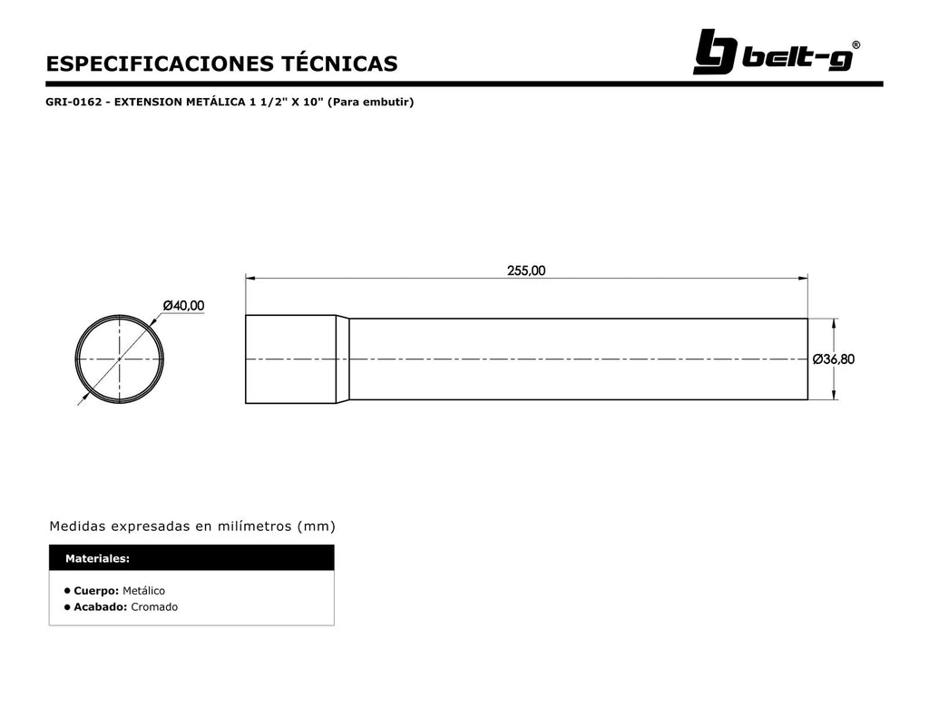 Belt-G Extensión metálica 1.1/2X10 GRI-0162 (para embutir)