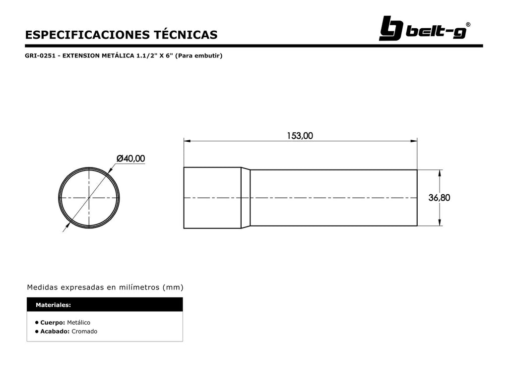 Belt-G Extensión metálica 1.1/2X6 GRI-0251 (para embutir)