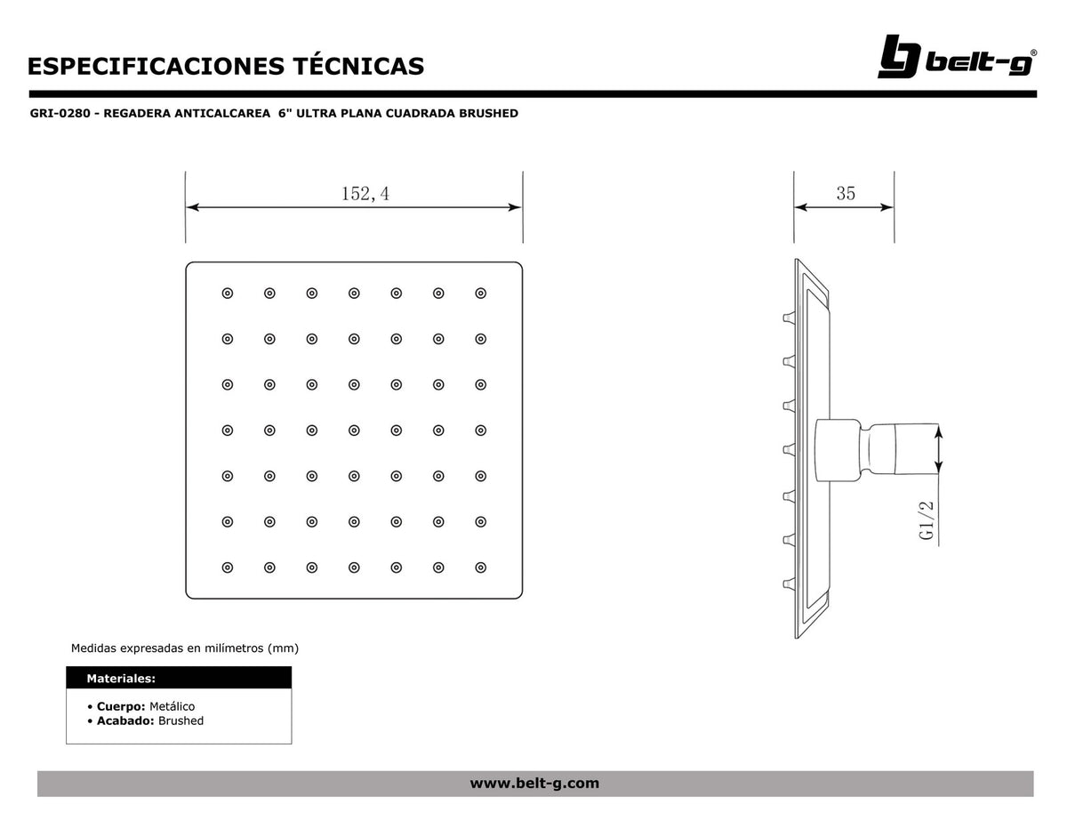 Belt-G Regadera anticalcárea 6 ultraplana cuadrada brushed GRI-0280