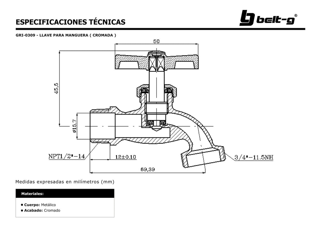 Belt-G Llave para manguera GRI-0309 (cromada) (llave de chorro)