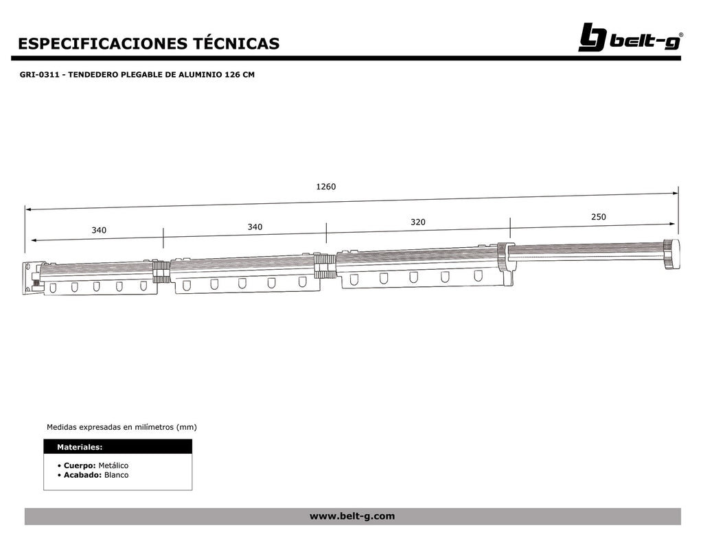 Belt-G Tendedero plegable de aluminio 126 cm GRI-0311