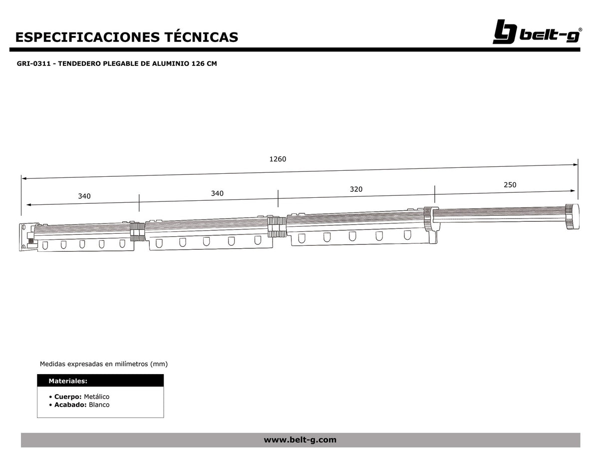 Belt-G Tendedero plegable de aluminio 126 cm GRI-0311