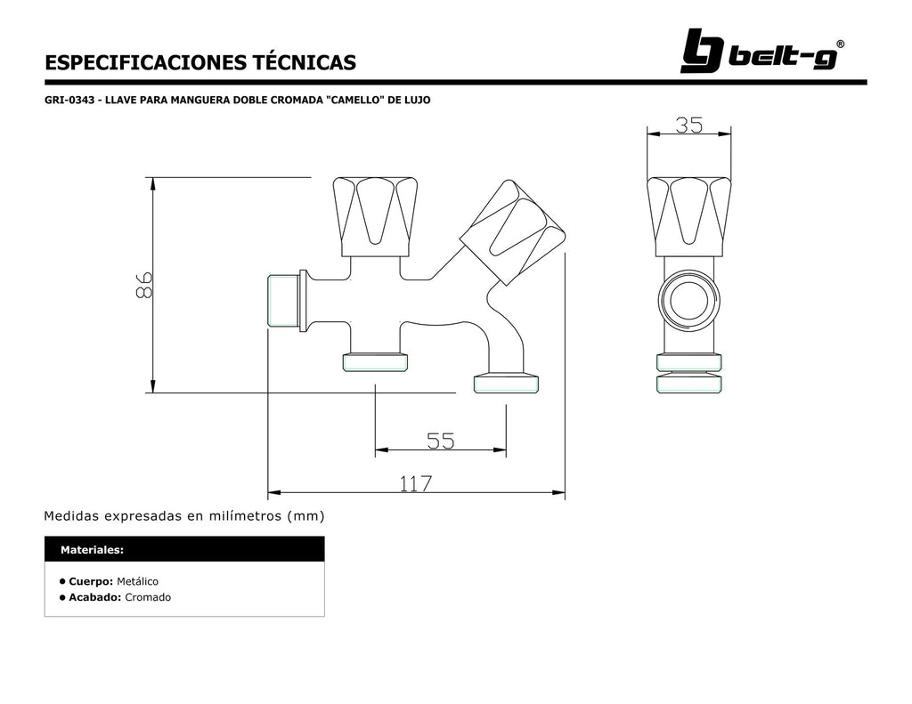 Belt-G Llave para manguera doble cromada camello de lujo GRI-0343 (llave de chorro)