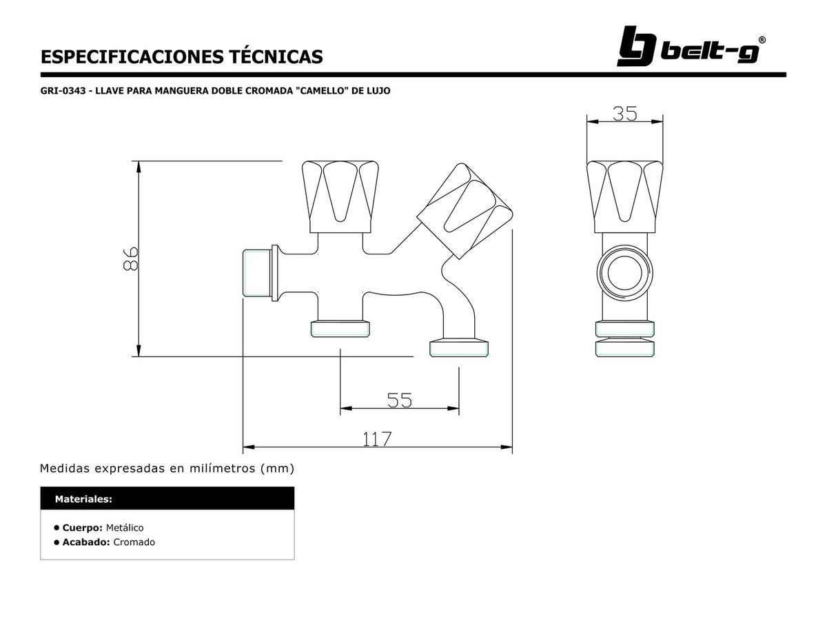Belt-G Llave para manguera doble cromada camello de lujo GRI-0343 (llave de chorro)