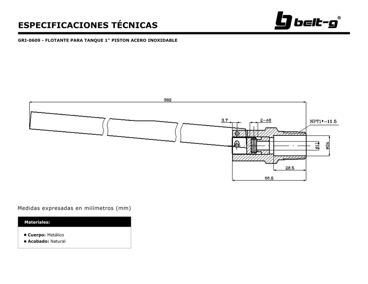 Belt-G Flotante para tanque 1 pistón acero inoxidable GRI-0609