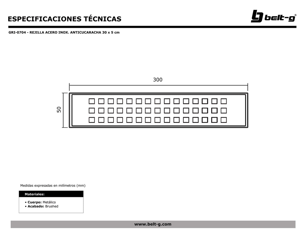 Belt-G Rejilla acero inoxidable anticucaracha 30 cm x 5 cm GRI-0704