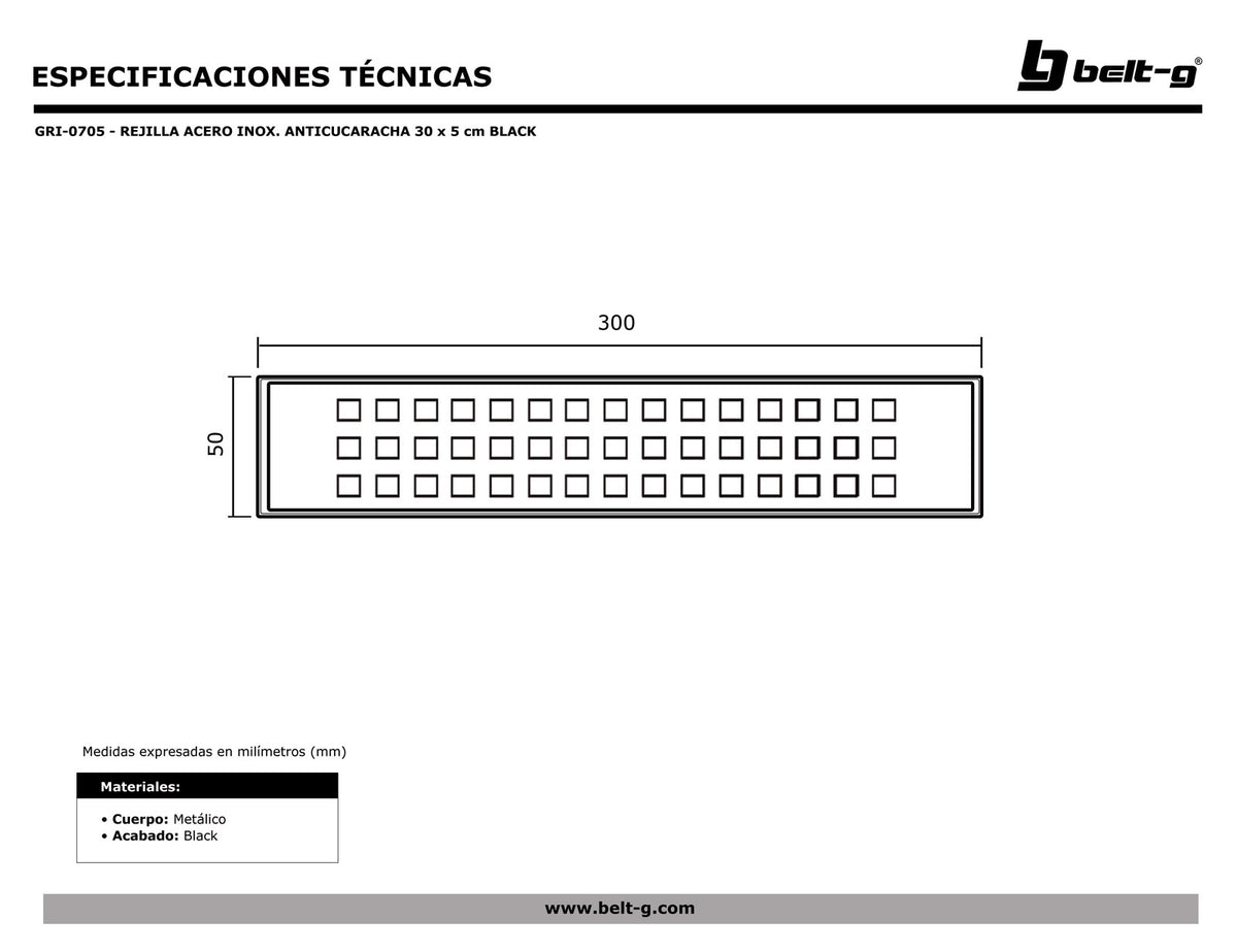 Belt-G Rejilla acero inoxidable anticucaracha 30 cm x 5 cm black GRI-0705