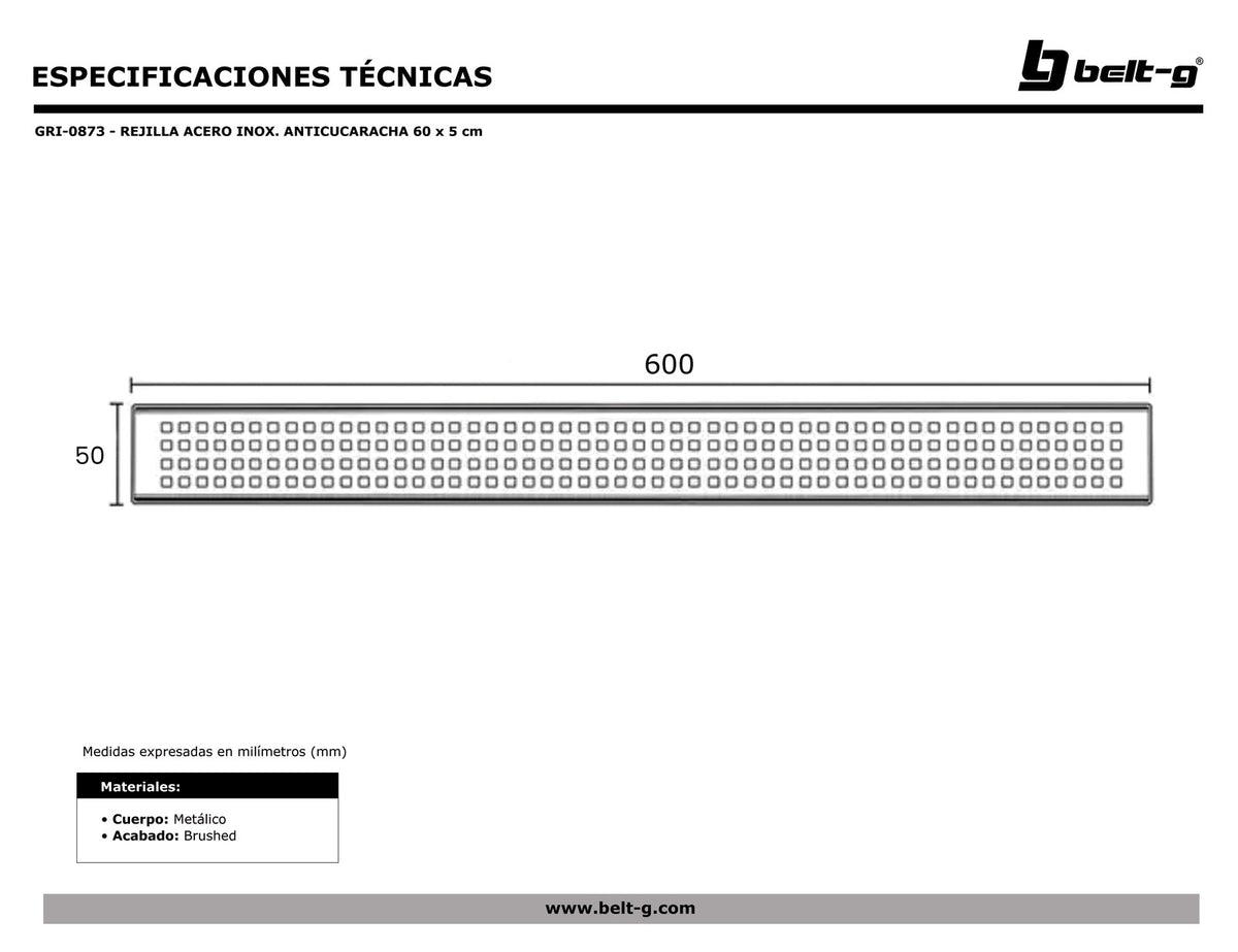 Belt-G Rejilla acero inoxidable anticucaracha 60x5 cm GRI-0873