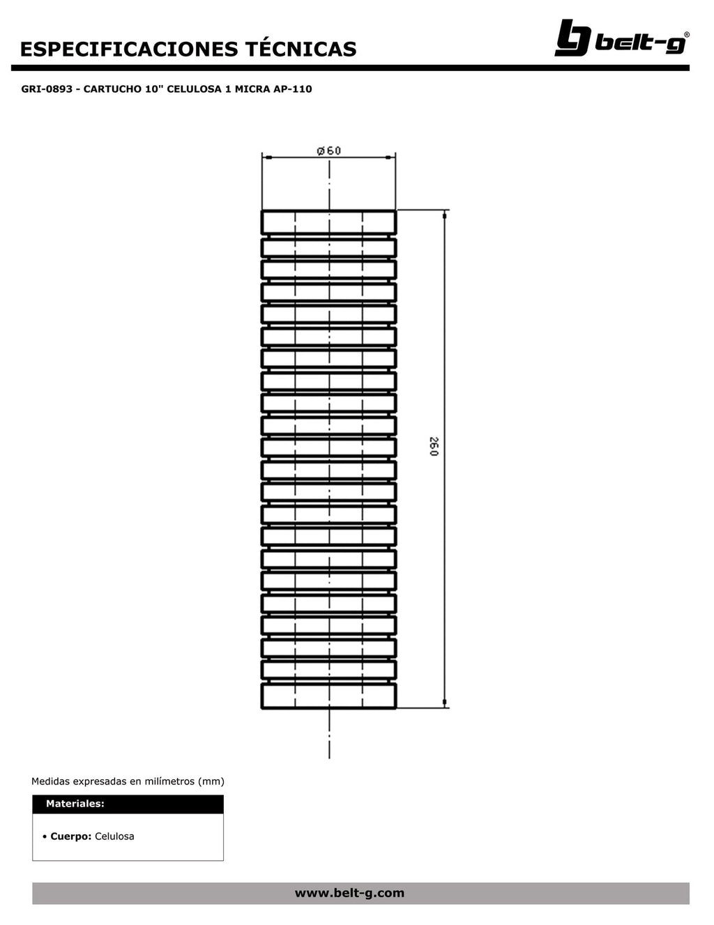 Belt-G Cartucho 10 celulosa 1 micra AP-110 GRI-0893 (bujia)