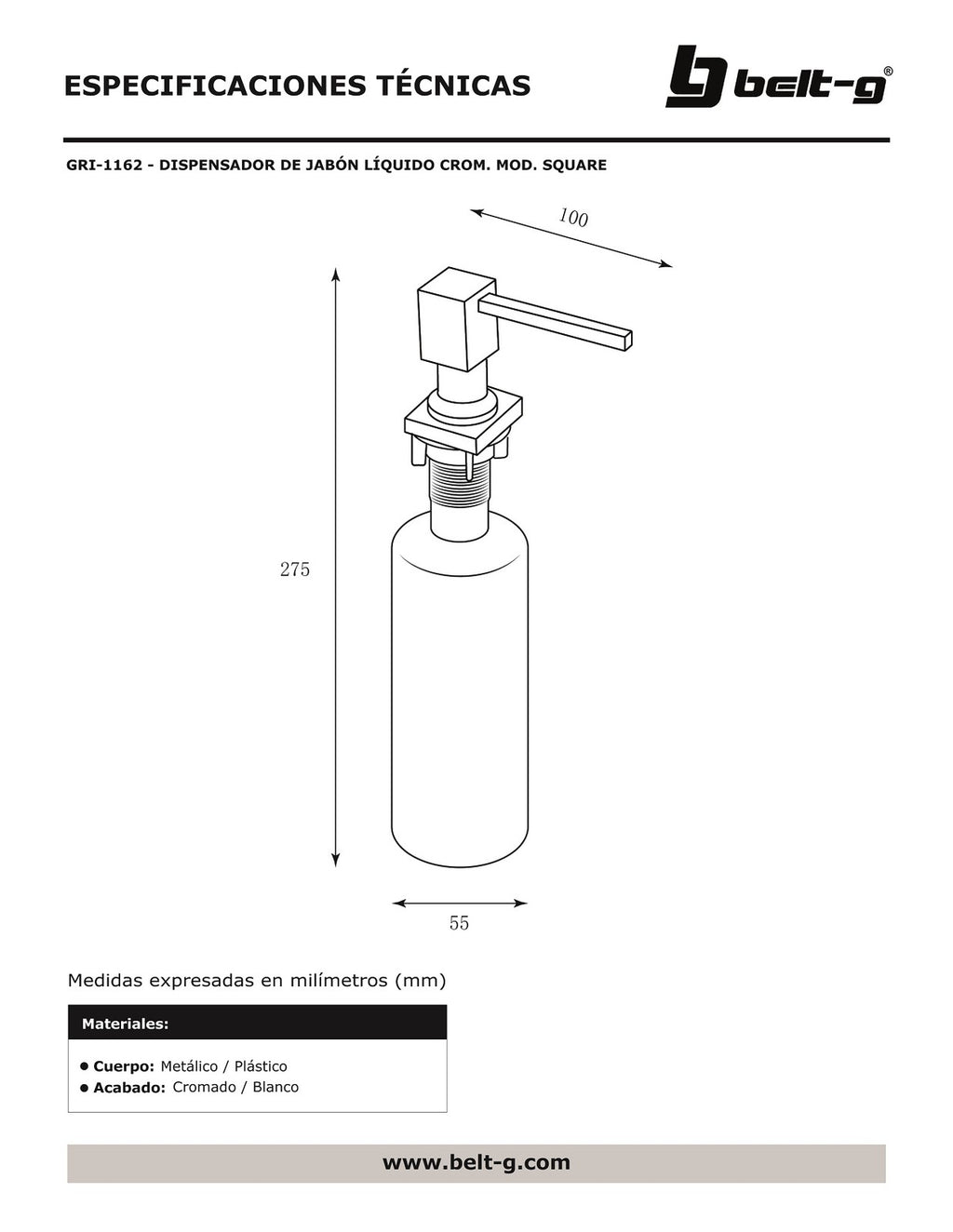 Belt-G Dispensador jabón líquido cromado modelo square GRI-1162