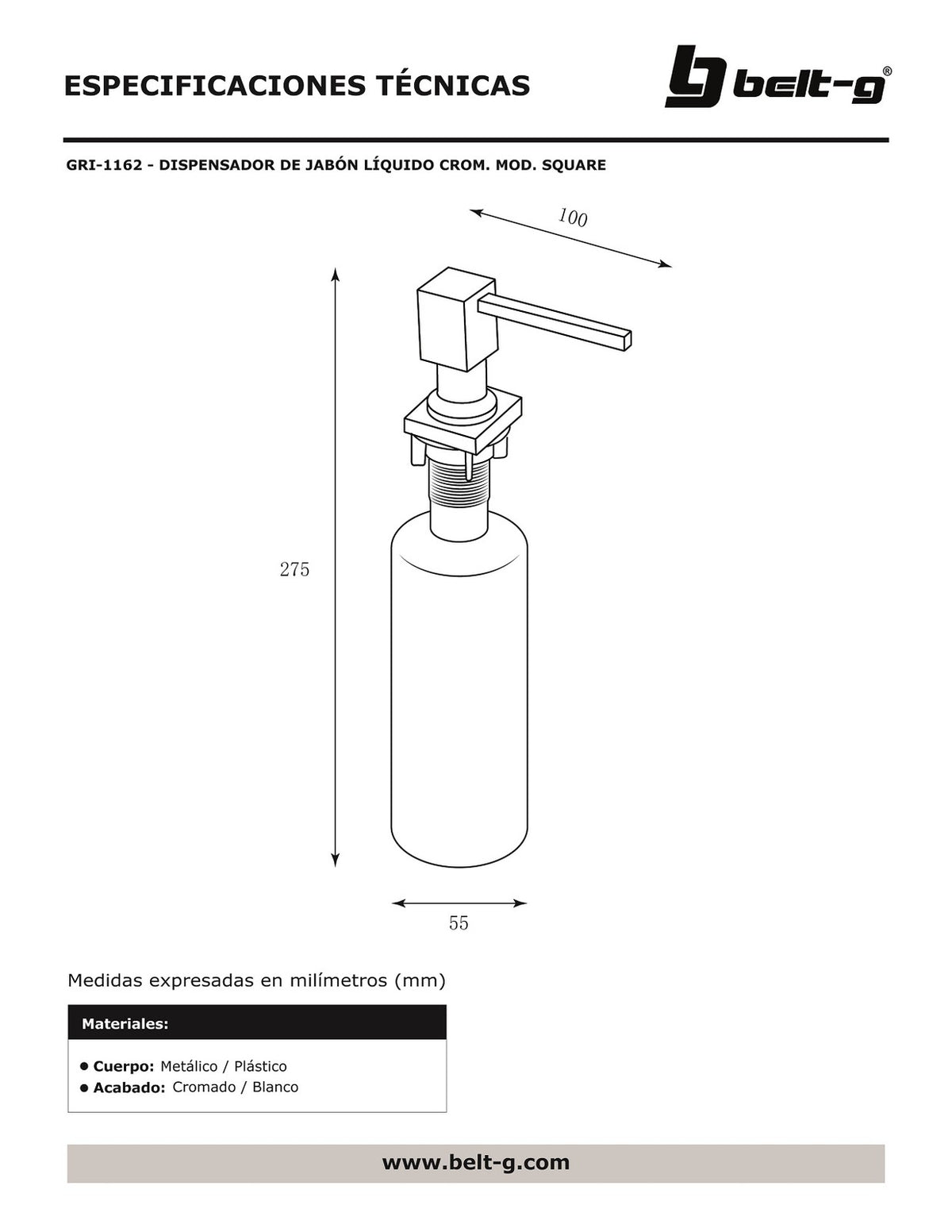 Belt-G Dispensador jabón líquido cromado modelo square GRI-1162