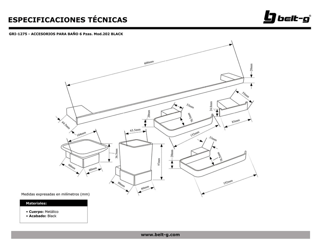 Belt-G Accesorio para baño 6 piezas modelo 202 black GRI-1275