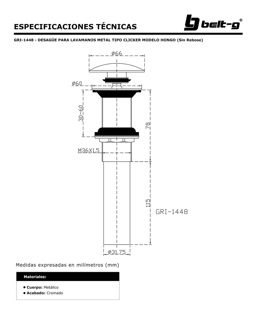 Belt-G Desagüe lavamanos monomando hat GRI-1448