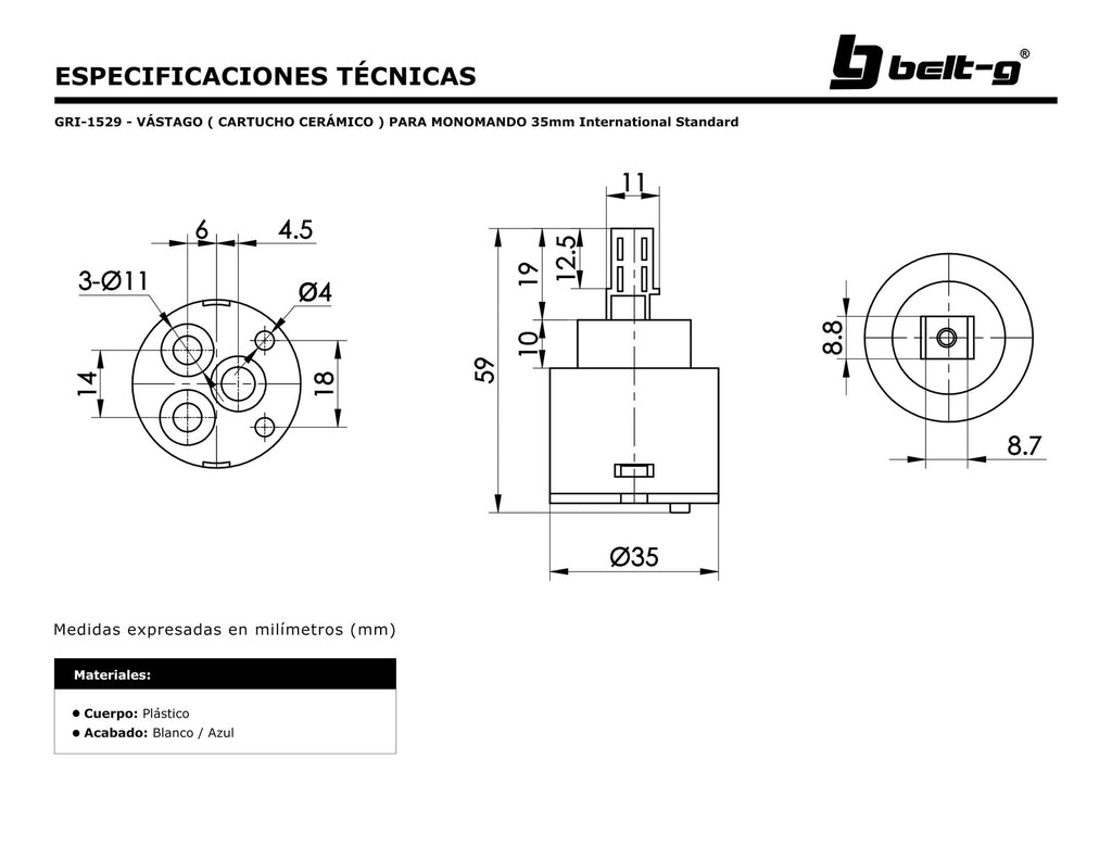 Belt-G Vástago cartucho cerámico para monomando 35 mm i/s GRI-1529