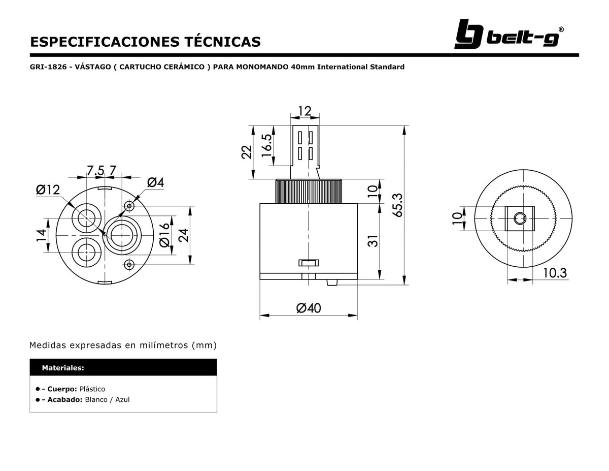 Belt-G Vástago cartucho cerámico para monomando 40 mm i/s GRI-1826
