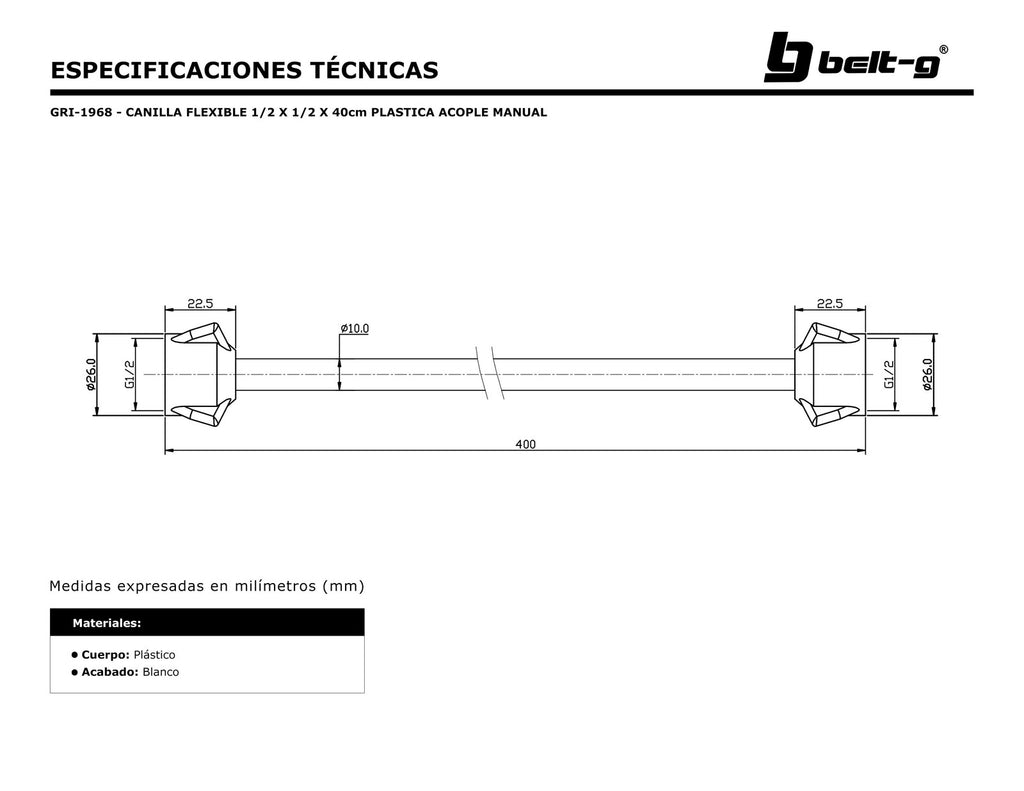 Belt-G Canilla flexible 1/2x1/2x40 cm plástico acople manual GRI-1968