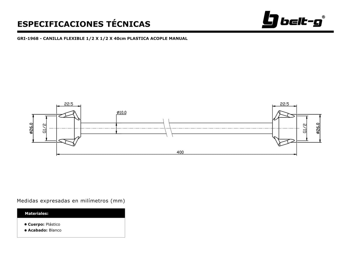 Belt-G Canilla flexible 1/2x1/2x40 cm plástico acople manual GRI-1968