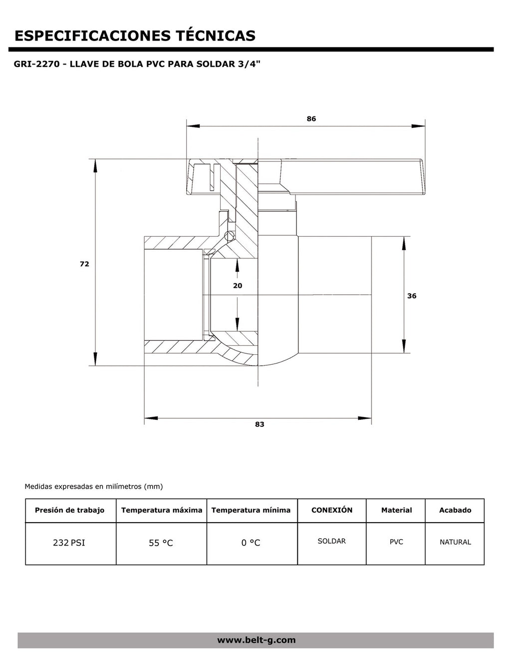Belt-G Llave de bola PVC para soldar 3/4 GRI-2270