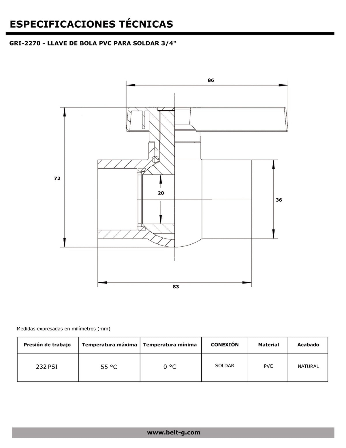 Belt-G Llave de bola PVC para soldar 3/4 GRI-2270