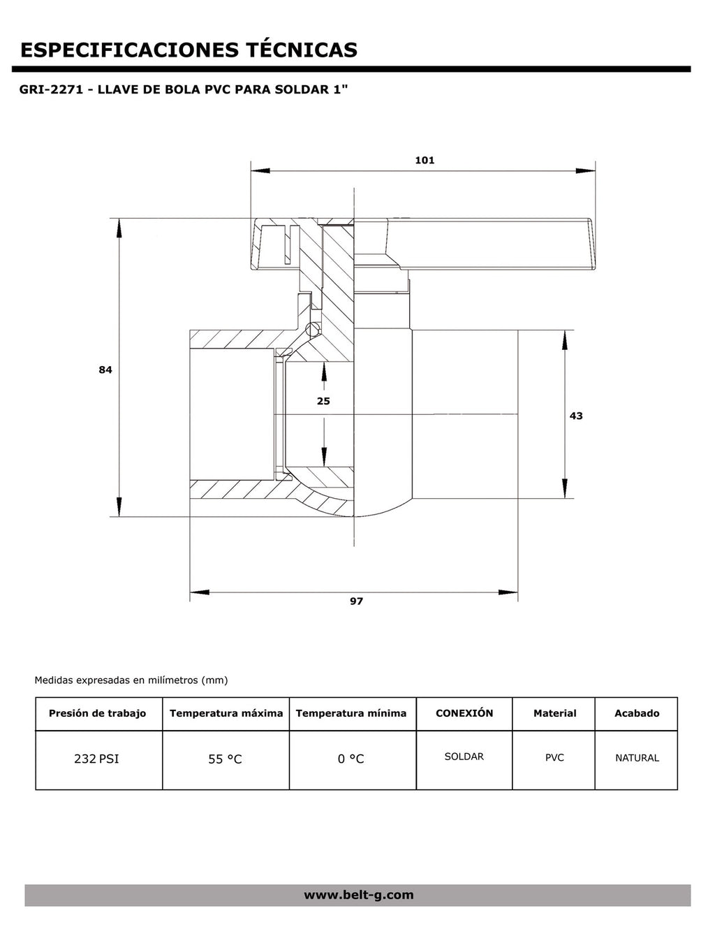Belt-G Llave de bola PVC para soldar 1 GRI-2271