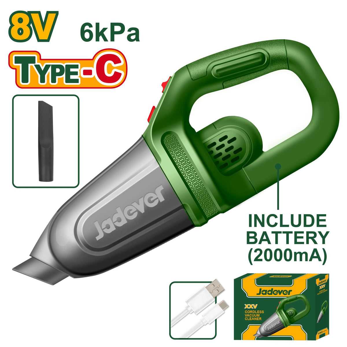 Jadever Aspiradora inalámbrica 8 V 6KPA 2000 mAh 0.45 L JDLV0801