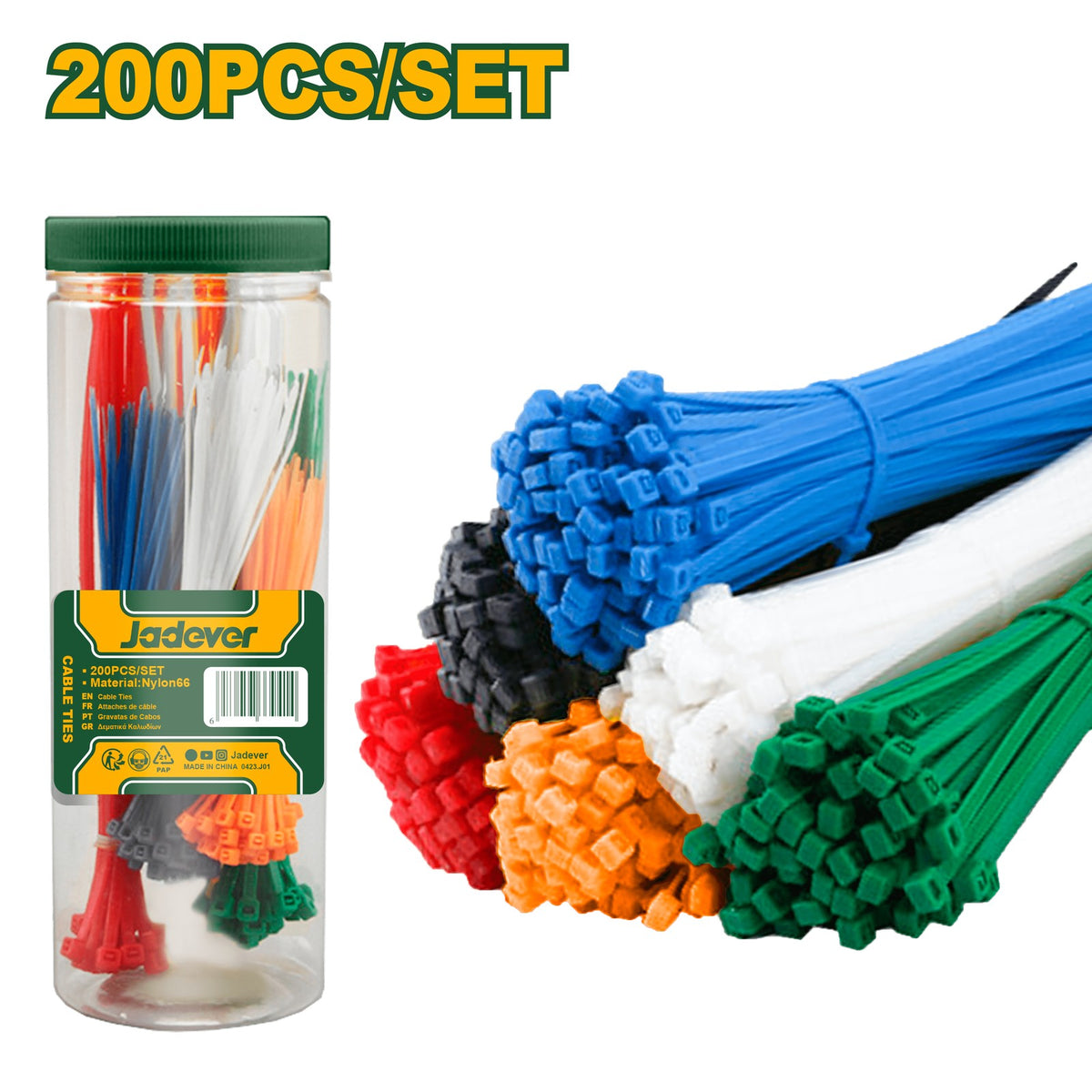 Jadever Tirrap de nylon colores surtidos 25x100 mm 200 piezas JDTE85521