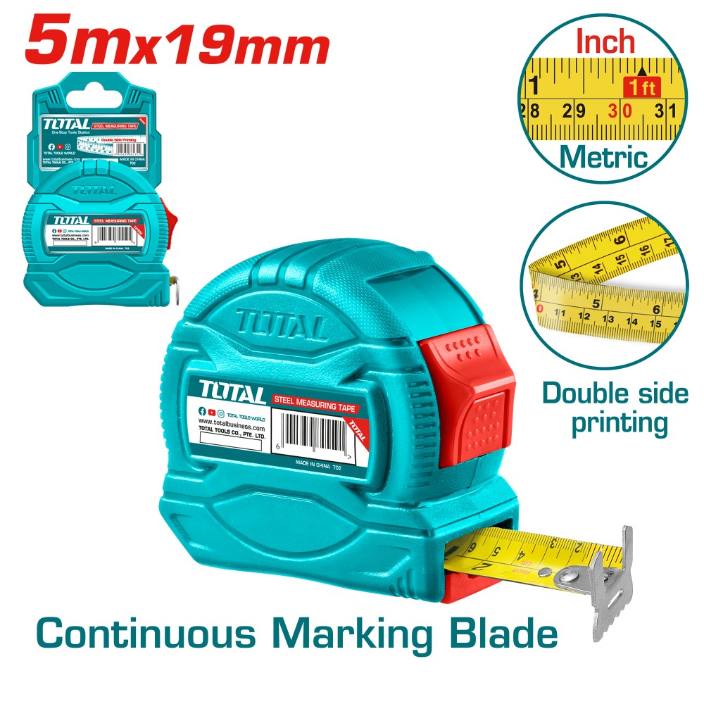 Total Cinta métrica 5 m x 19 mm botón mts/" TMT34519
