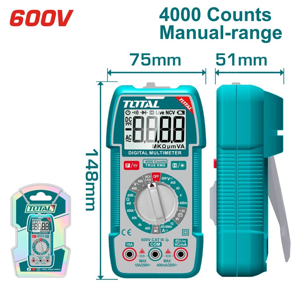 Total Multímetro digital 4000 cuentas 600 V TMT536002 (tester)