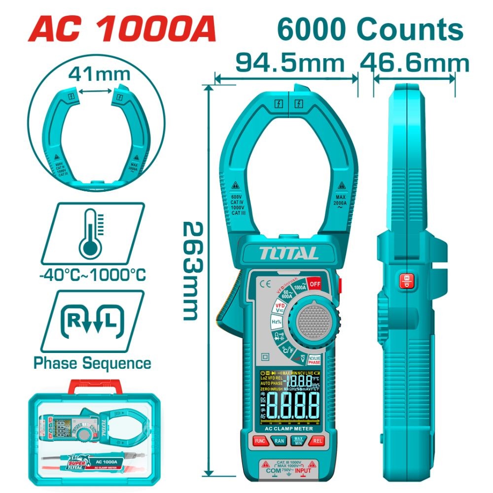 Total Tester multímetro AC digital 6000 cuentas 1000 A TMT7610001