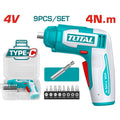 Total Destornillador inalámbrico 4 V mango hexagonal 1/4 TSDLI0458