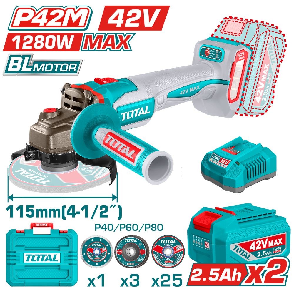 Total Esmeril angular inalámbrico 42 V 1280 W 4 1/2 UTAGLI4128112