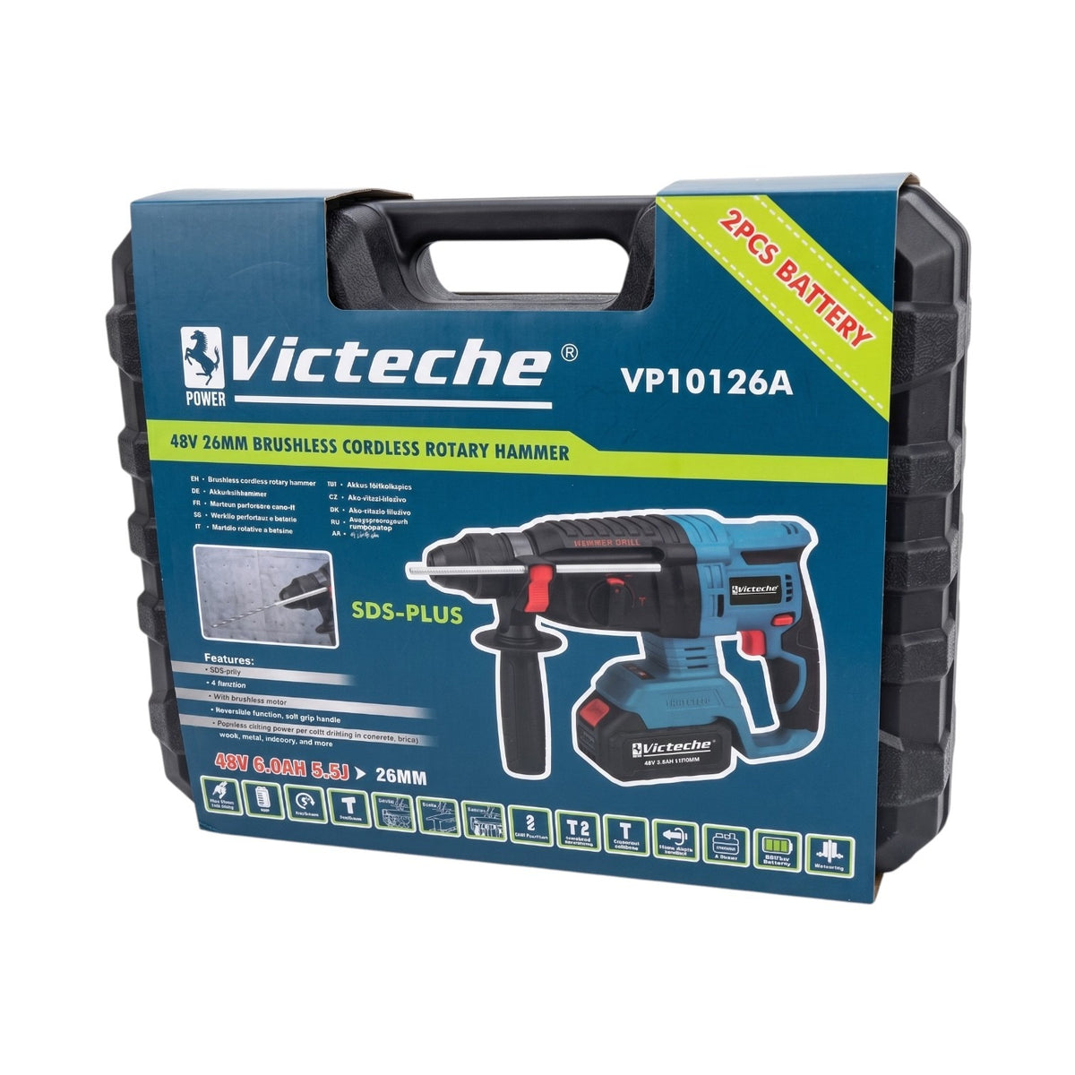 Victeche Rotomartillo inalámbrico 48 V sin carbones 2 baterías y accesorios en maletín VP10126A