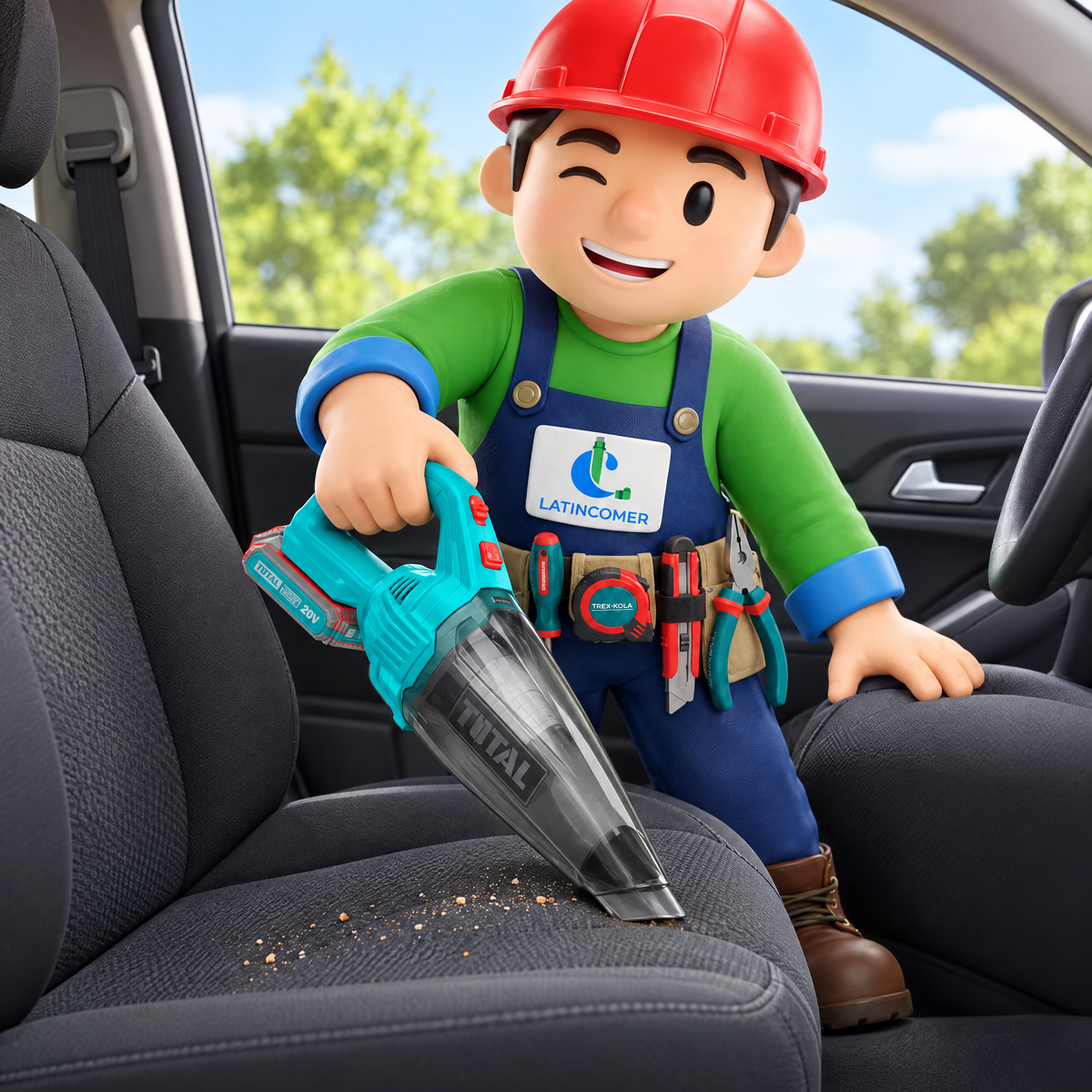 Max de Latincomer aspirando el asiento de un carro con la aspiradora inalámbrica 20V Total