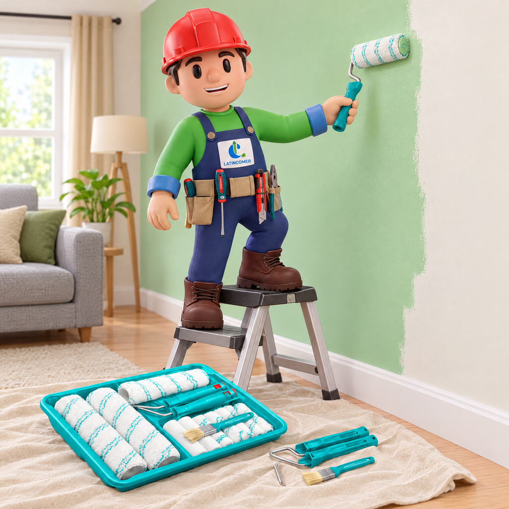Max de Latincomer pintando una pared con el juego de rodillos 14 en 1 Total