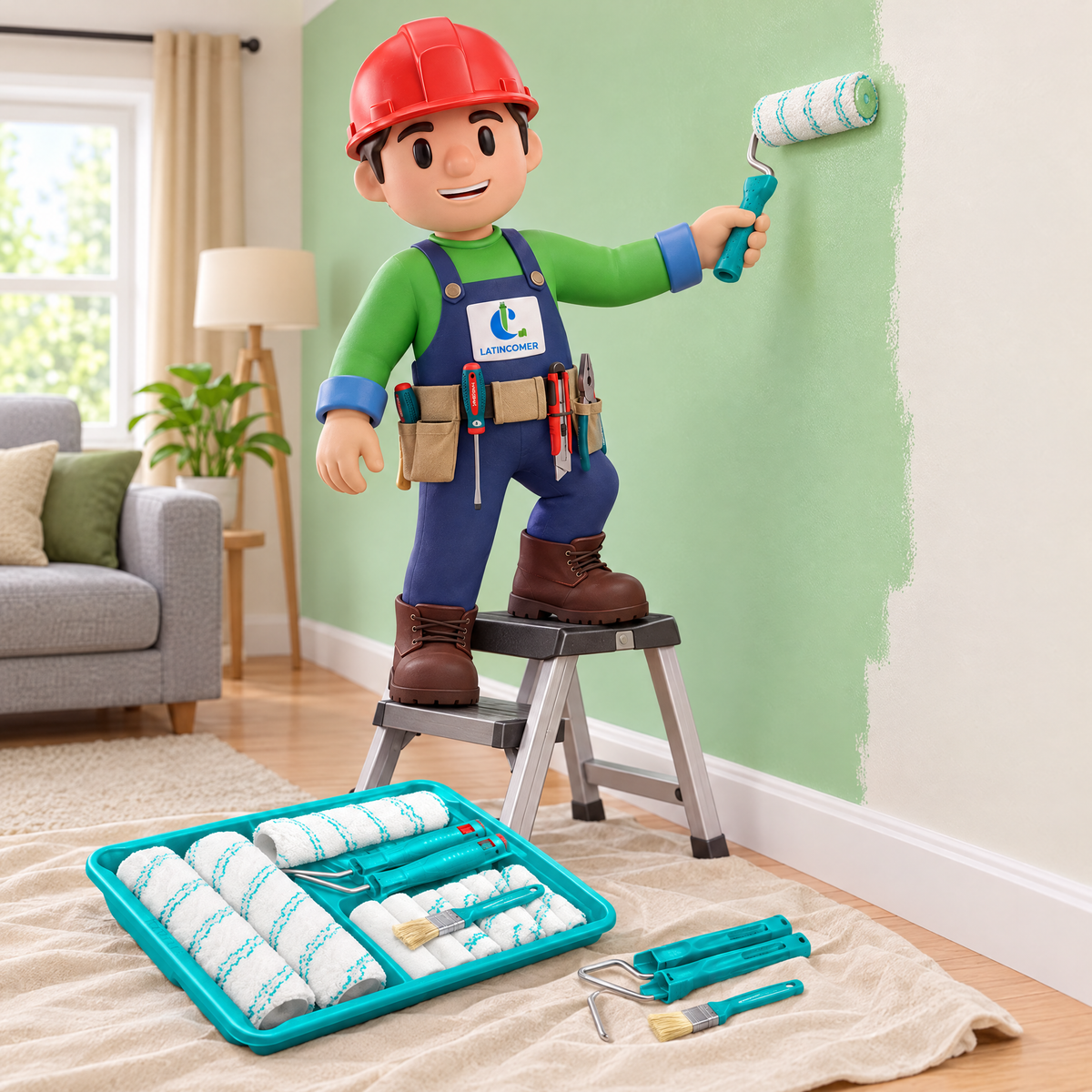 Max de Latincomer pintando una pared con el juego de rodillos 14 en 1 Total