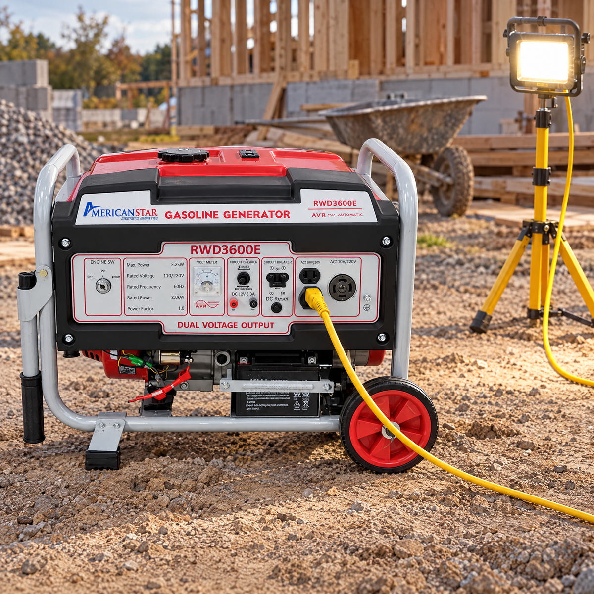 Generador a gasolina 3 kW funcionando en una obra con una lámpara de trabajo