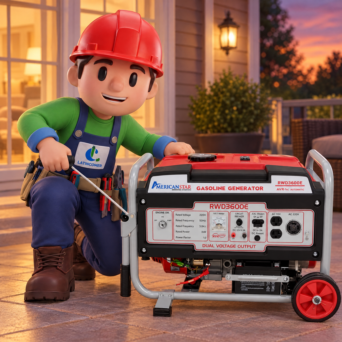 Max de Latincomer encendiendo el generador a gasolina 3 kW en un patio