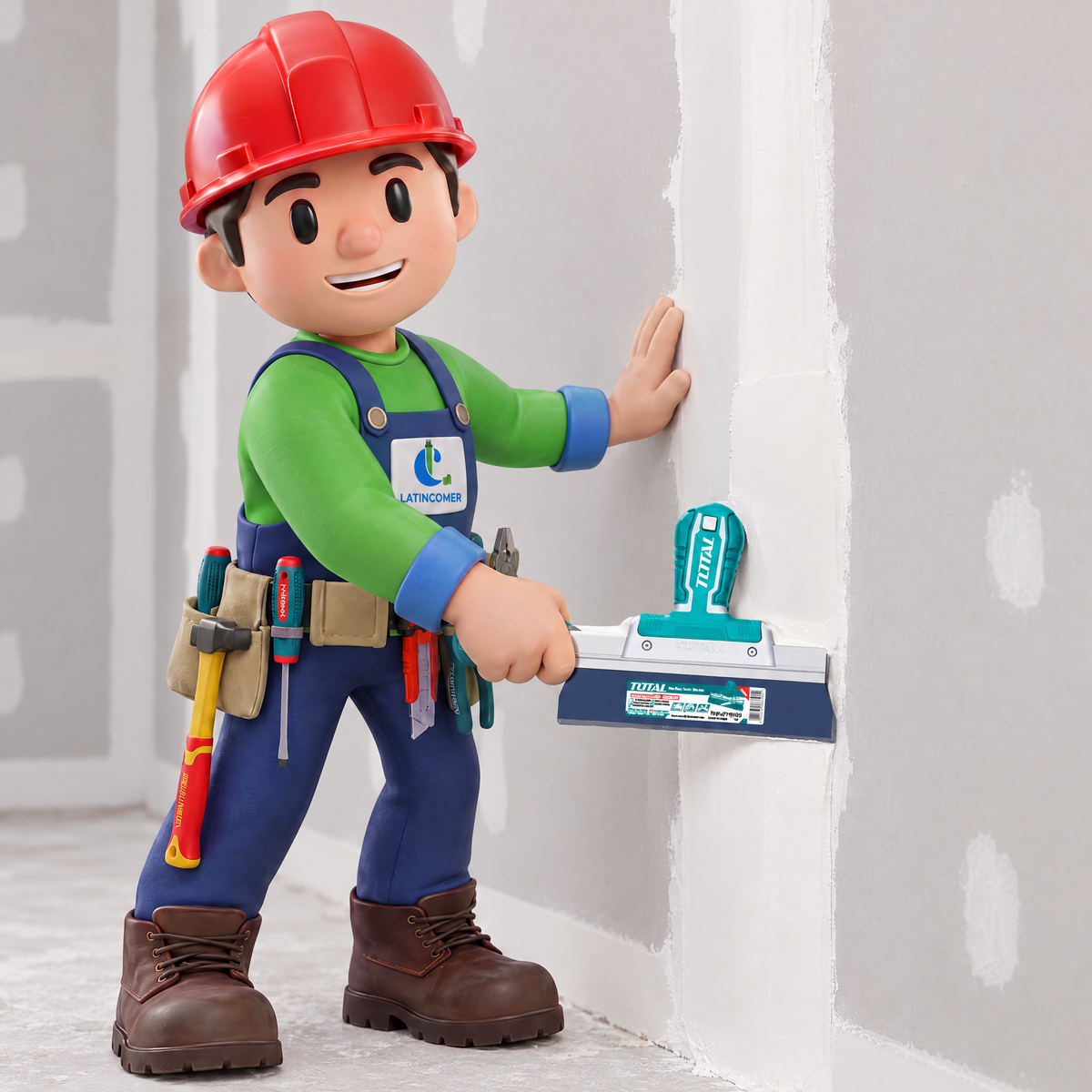 Max de Latincomer aplicando pasta en drywall con la espátula Total