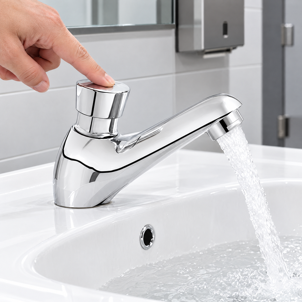 Llave de lavamanos push con cierre automático instalada en un baño