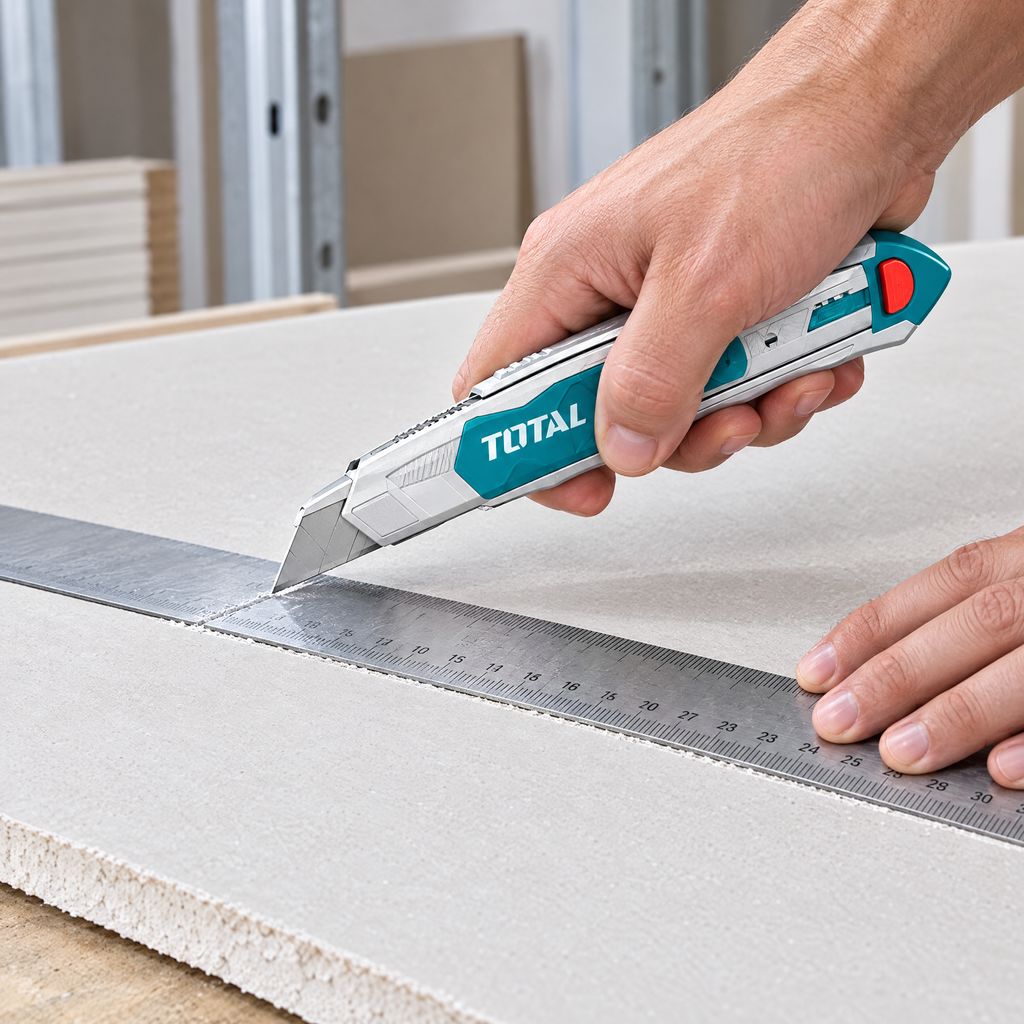 Exacto Total 178 mm cortando una lámina de drywall