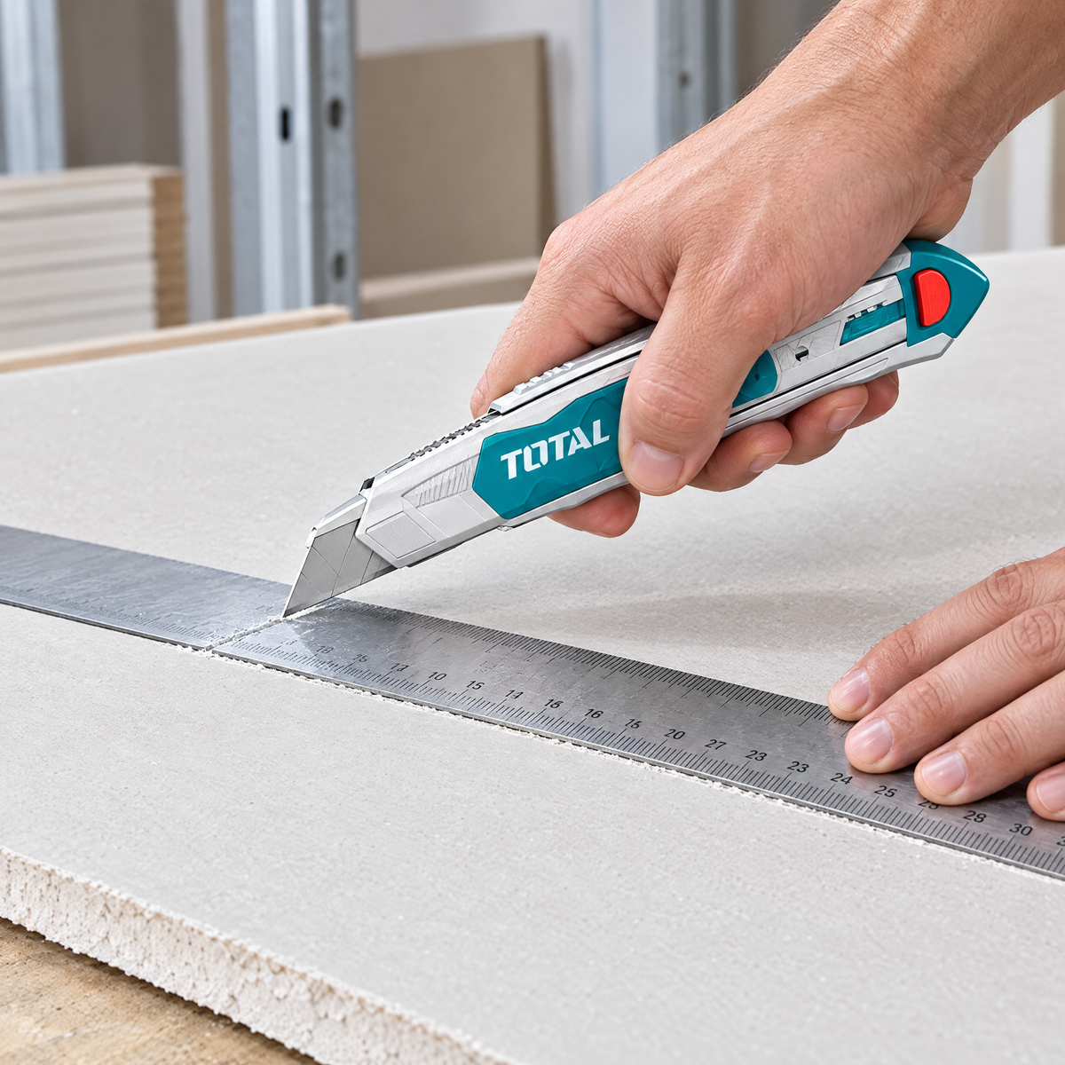 Exacto Total 178 mm cortando una lámina de drywall