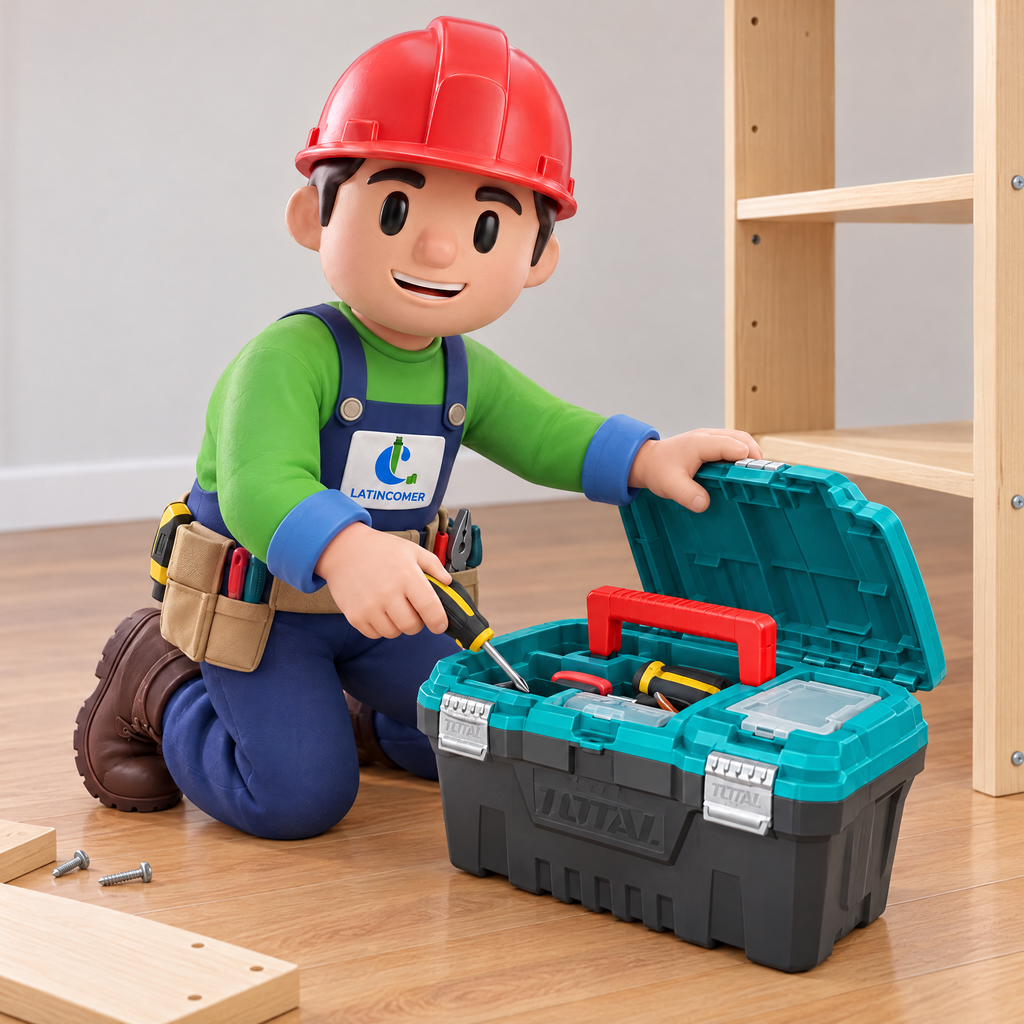 Max de Latincomer sacando un destornillador de la caja de herramientas Total 17 pulgadas