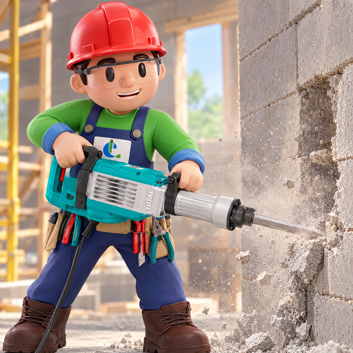Max de Latincomer abriendo una pared con el martillo demoledor Total 1700W