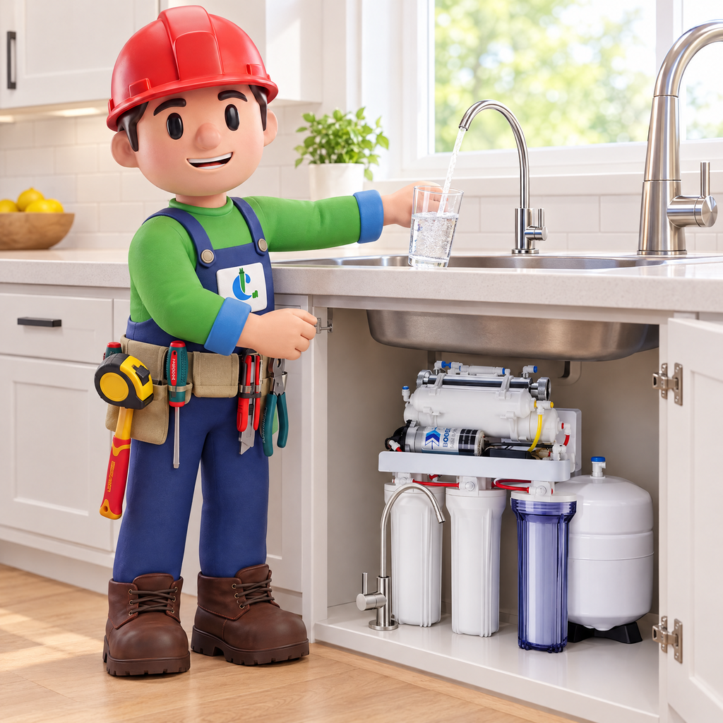 Max de Latincomer sirviéndose agua de la ósmosis inversa de 6 etapas instalada bajo el fregadero